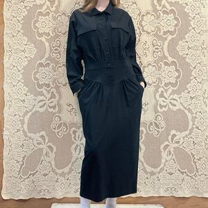 Vintage 100% Raw Silk Slouchy Black Maxi Button-down House Dress Pockets